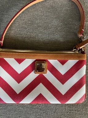 Dooney & Bourke Red and White Chevron Wristlet with Tan Trim